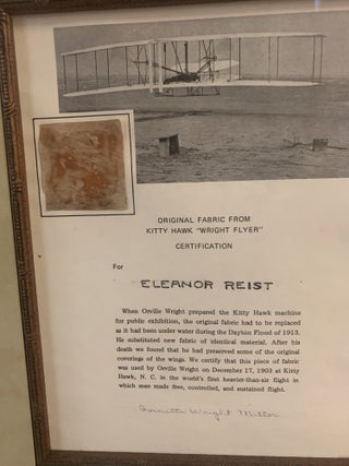ORIGINAL FABRIC SWATCH FROM THE 1903 KITTY HAWK WRIGHT FLYER - CERTIFIED BY IVONETTE WRIGHT MILLER