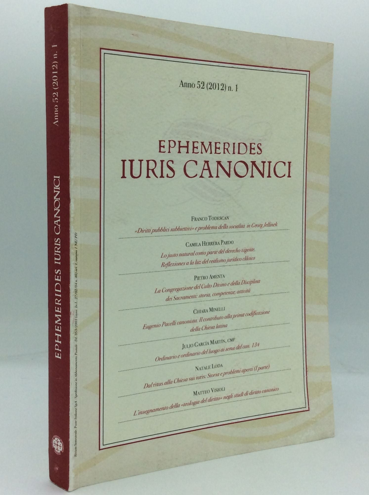  - Ephemerides Iuris Canonici: Nuova Serie, Anno 52, N. 1
