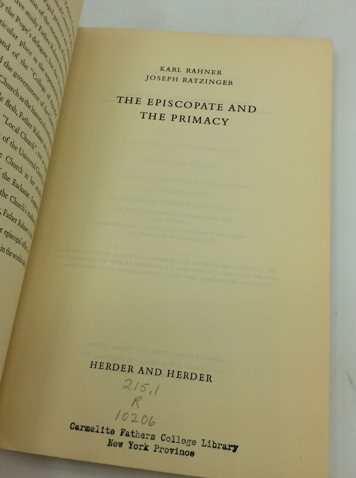 THE EPISCOPATE AND THE PRIMACY | Karl Rahner, Joseph Ratzinger, Pope ...