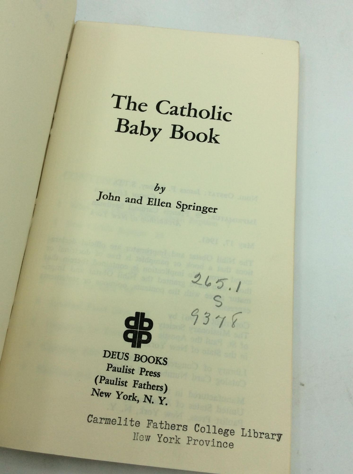 THE CATHOLIC BABY BOOK | John, Ellen Springer | Deus Books edition